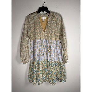 Jessica Simpson Tiered Boho Print Dress Tassels V Neck Long Sleeve M